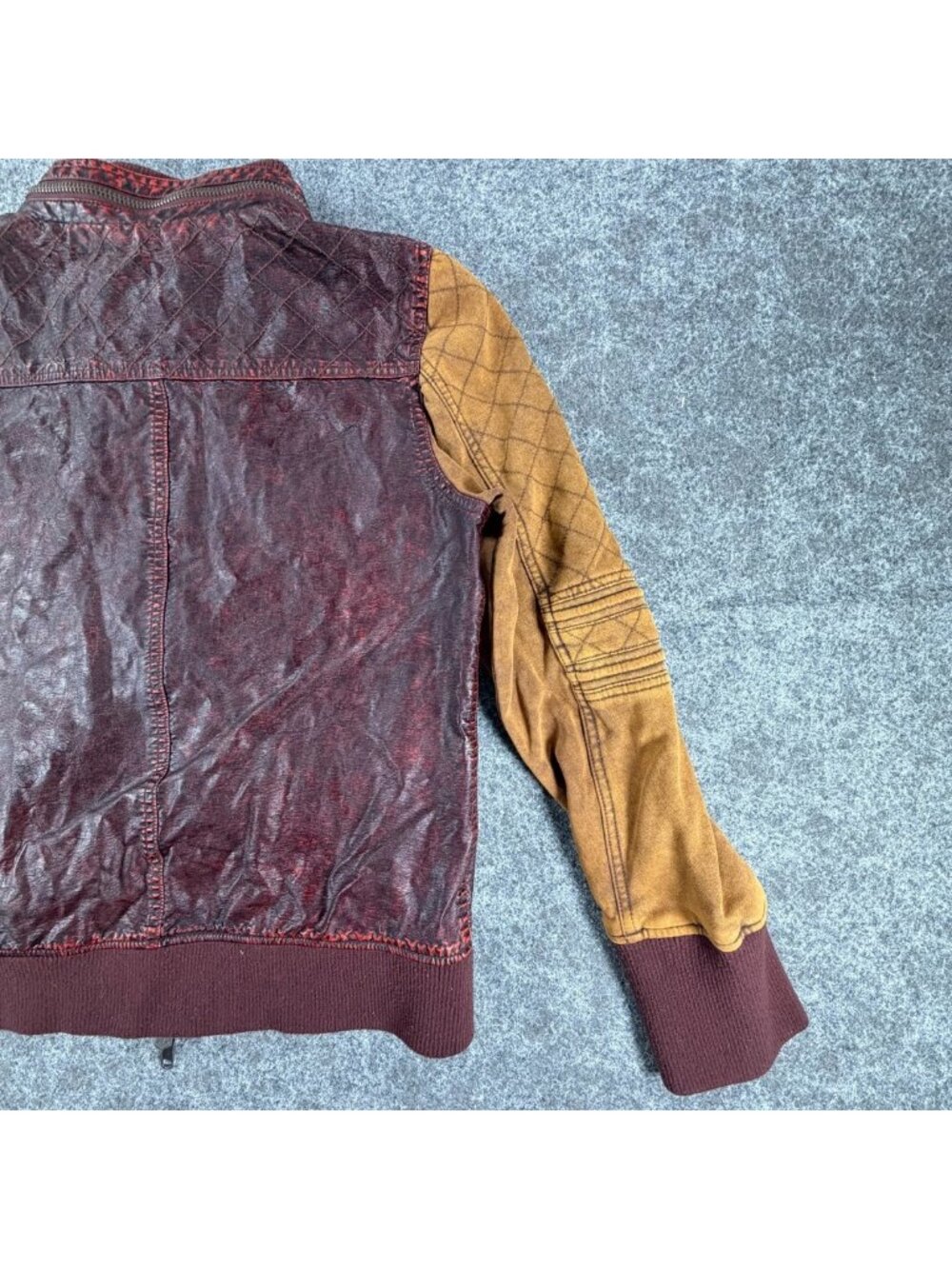 BKE Pieced Full-Zip Jacket Womens XL Burgundy Mustard Faux Leather Ribbed Trim - Picture 3 of 16